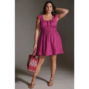 Anthropologie Womens 2X Plus Size Smocked Waist Mini Dress Linen Blend Raspberry